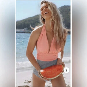 Cupshe One Piece Tie Halter Swimsuit Striped Bottom Orange Black Size XL